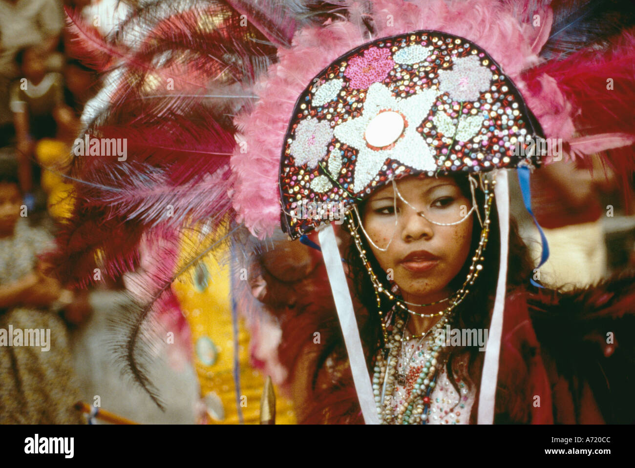 Woman wearing elaborate headdress in Bumba Meu Boi folkloric play Brazil Stock Photo
