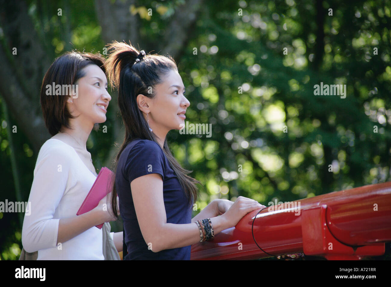 Two young women standing on bridge Stock Photo - Alamy