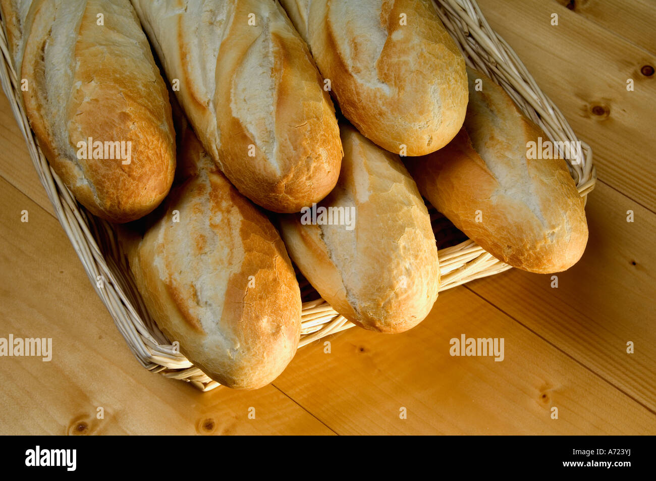 Freshly baked golden  French bread baguettes Stock Photo