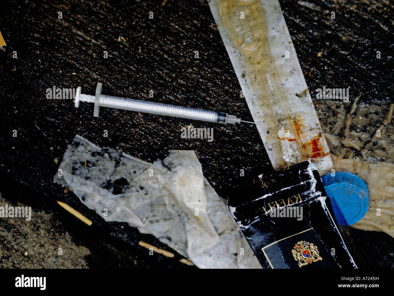 Detritus of drug abuse in the backstreets of Kings Cross Stock Photo