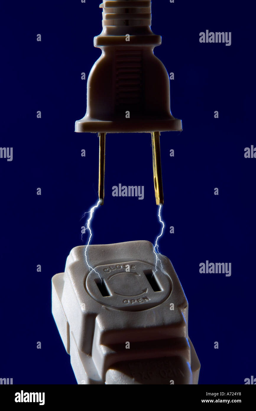 electrical sparks running from electrical plug to electrical receptacle