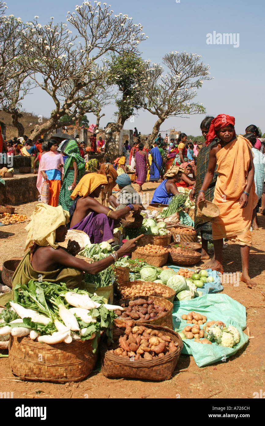 Frangipani trees form an exotic background to the colourful Desia ,Paraja and Mali tribal women's weekly barter market Orissa Stock Photo