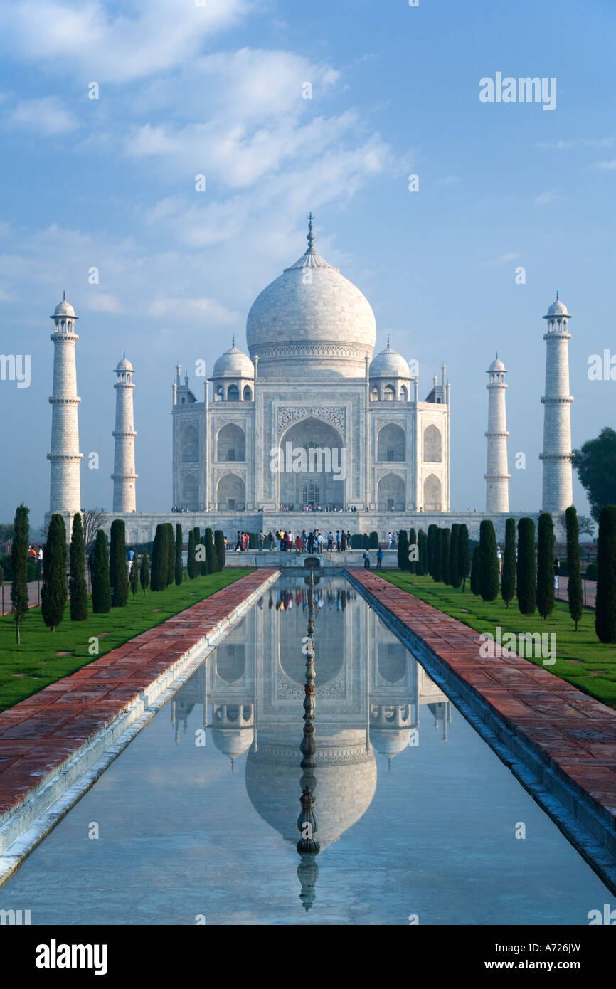Taj Mahal mausoleum in early morning light with reflection in water pool Agra Uttar Pradesh India Asia Stock Photo