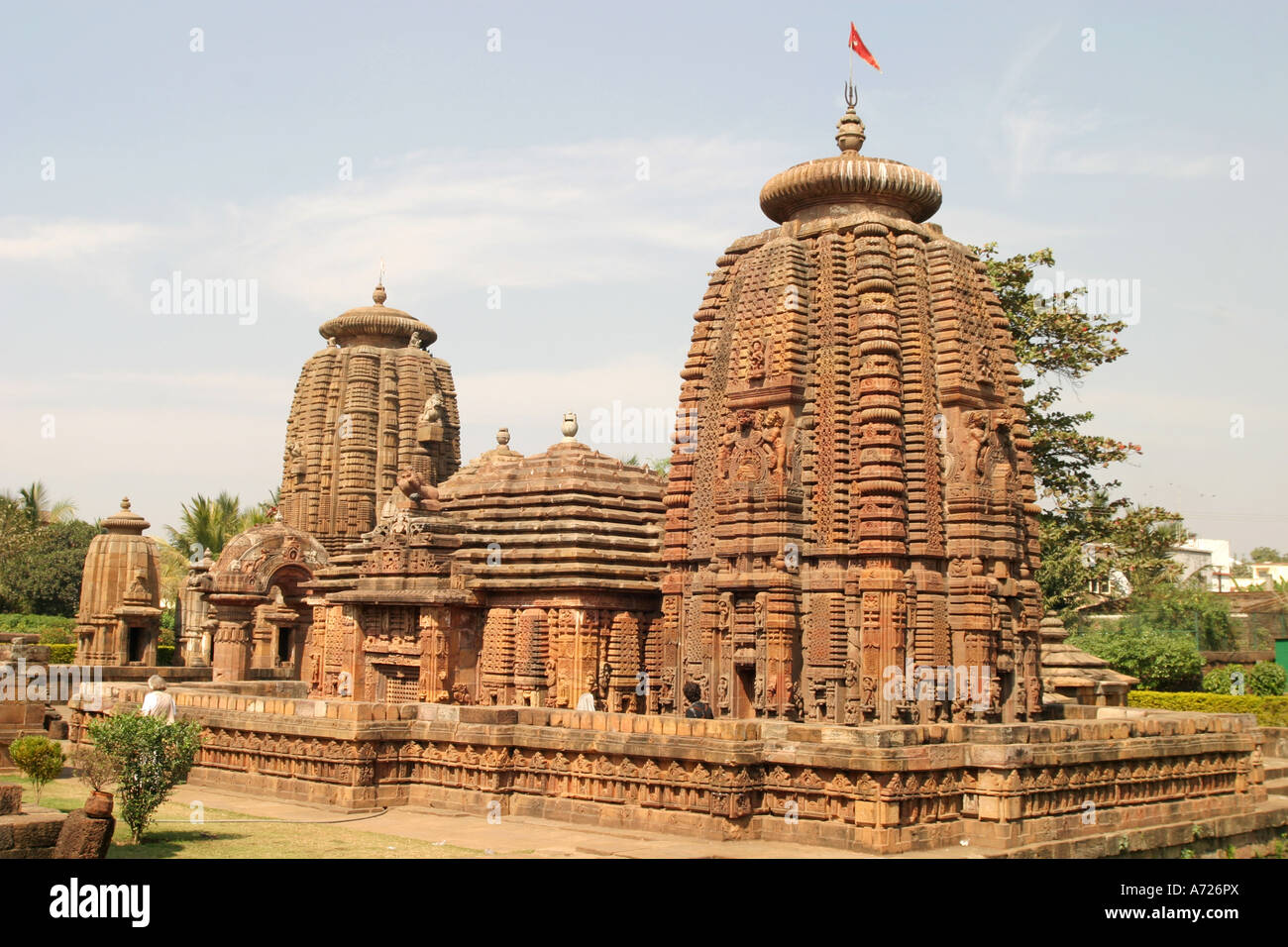 Heavily carved  spires (Deuls) at the Mukteswar 10th.century temple Bhubaneshwar,Orissa India Stock Photo