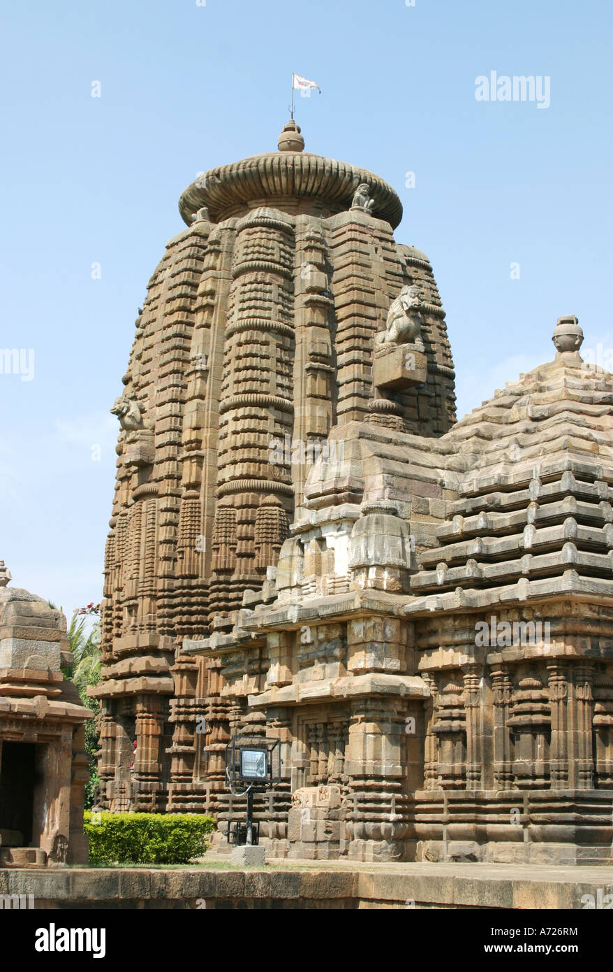 Heavily carved  spire (Deul) at the Mukteswar 10th.century temple Bhubaneshwar,Orissa India Stock Photo
