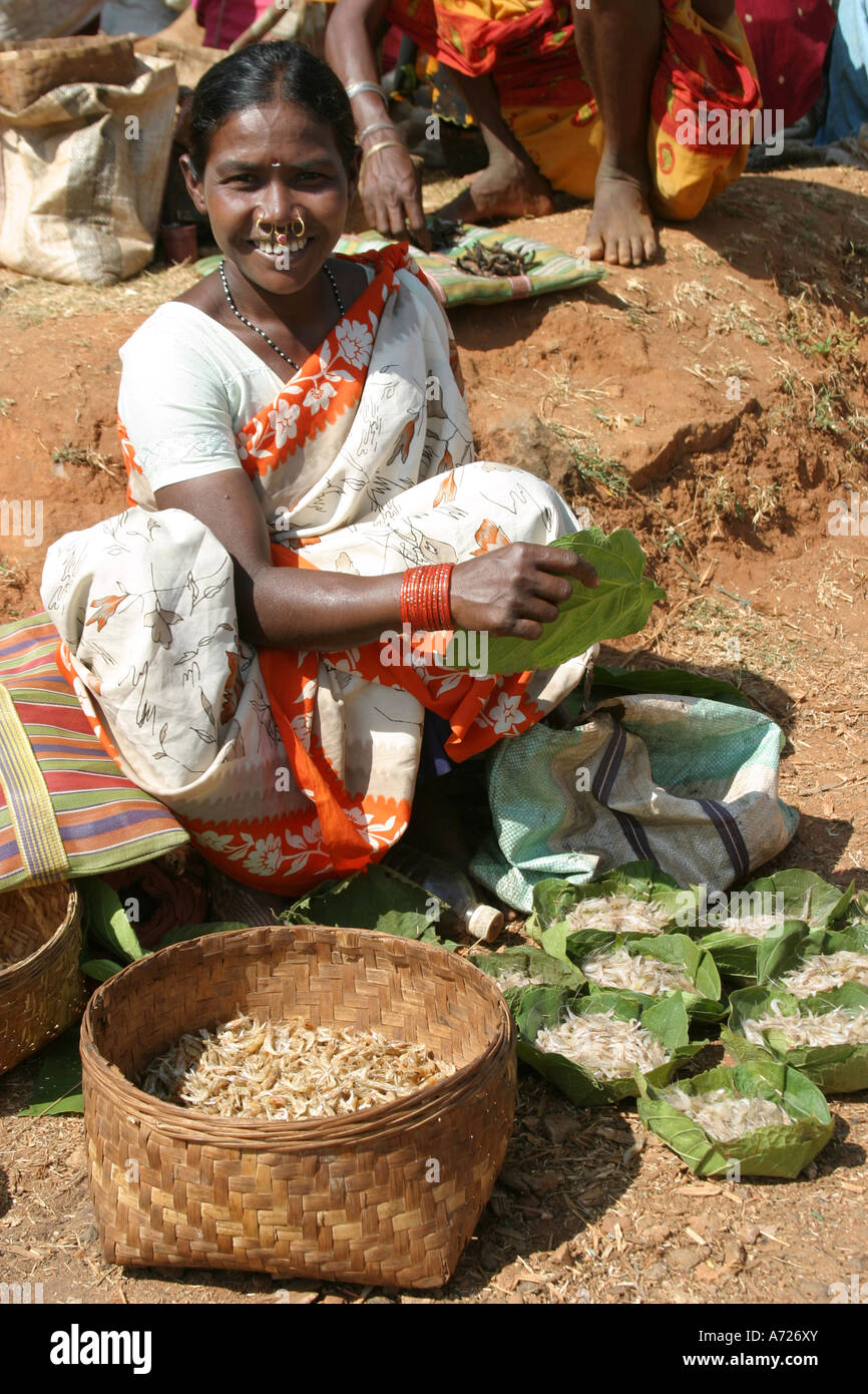 Women selling fresh prawns at the  weekly Paraja and Mali trial barter market,Orissa India, Asia, ASEAN, India, Orissa, Stock Photo