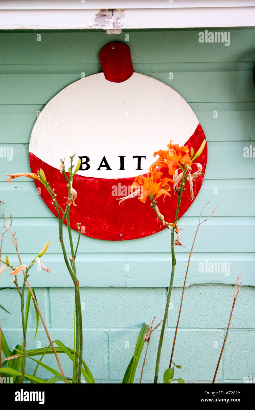 Boathouse decorated with a fishing bobber advertising bait. Ashby