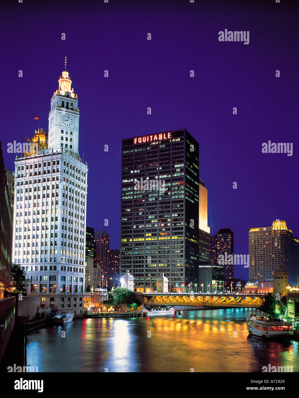 Wrigley Building and Chicago River Chicago Illinois at night Stock ...