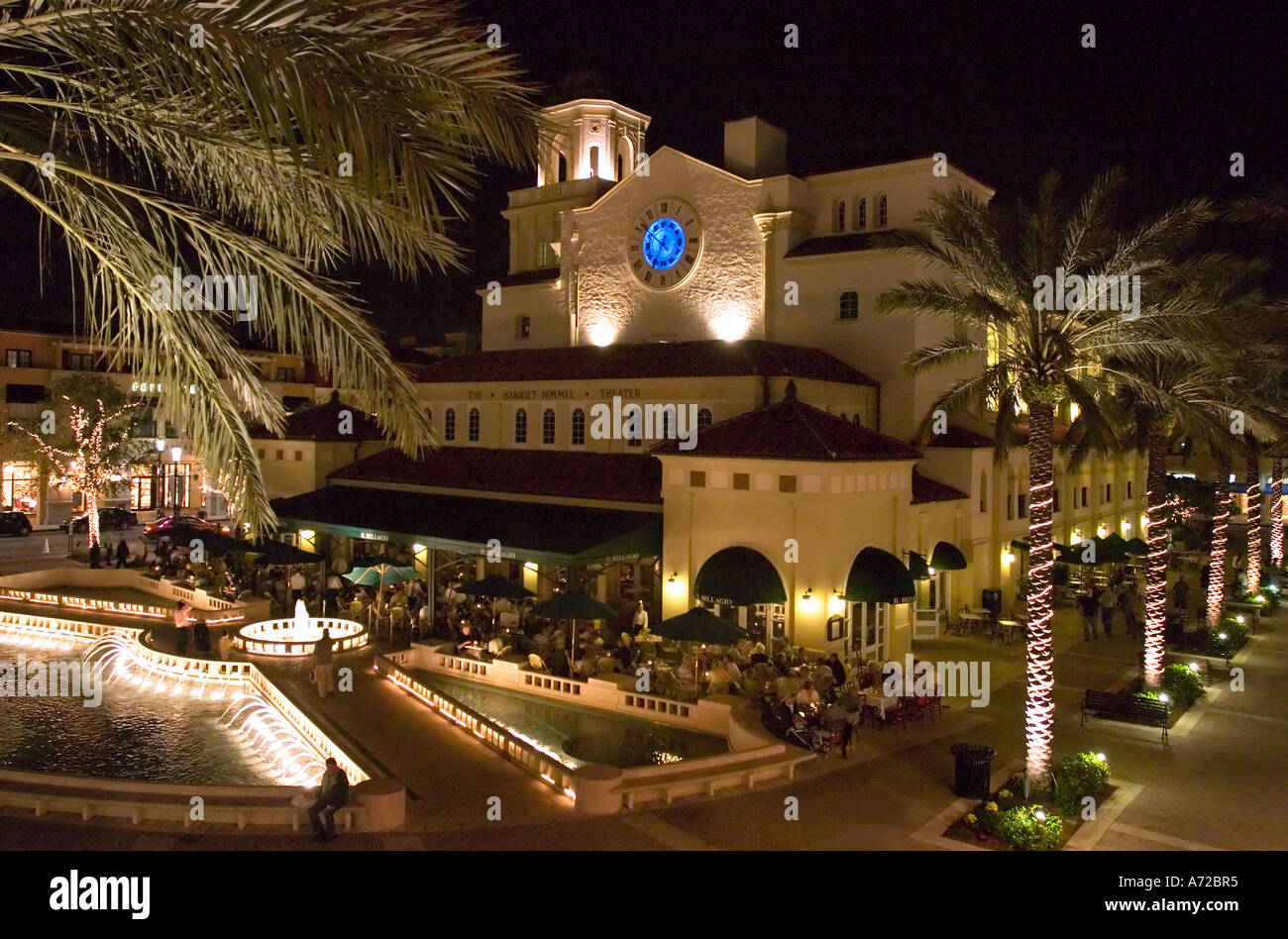 Night view of rear of Harriet Himmel Gilman Theater and Il Bellagio restaurant City Place West Palm Beach Florida Stock Photo