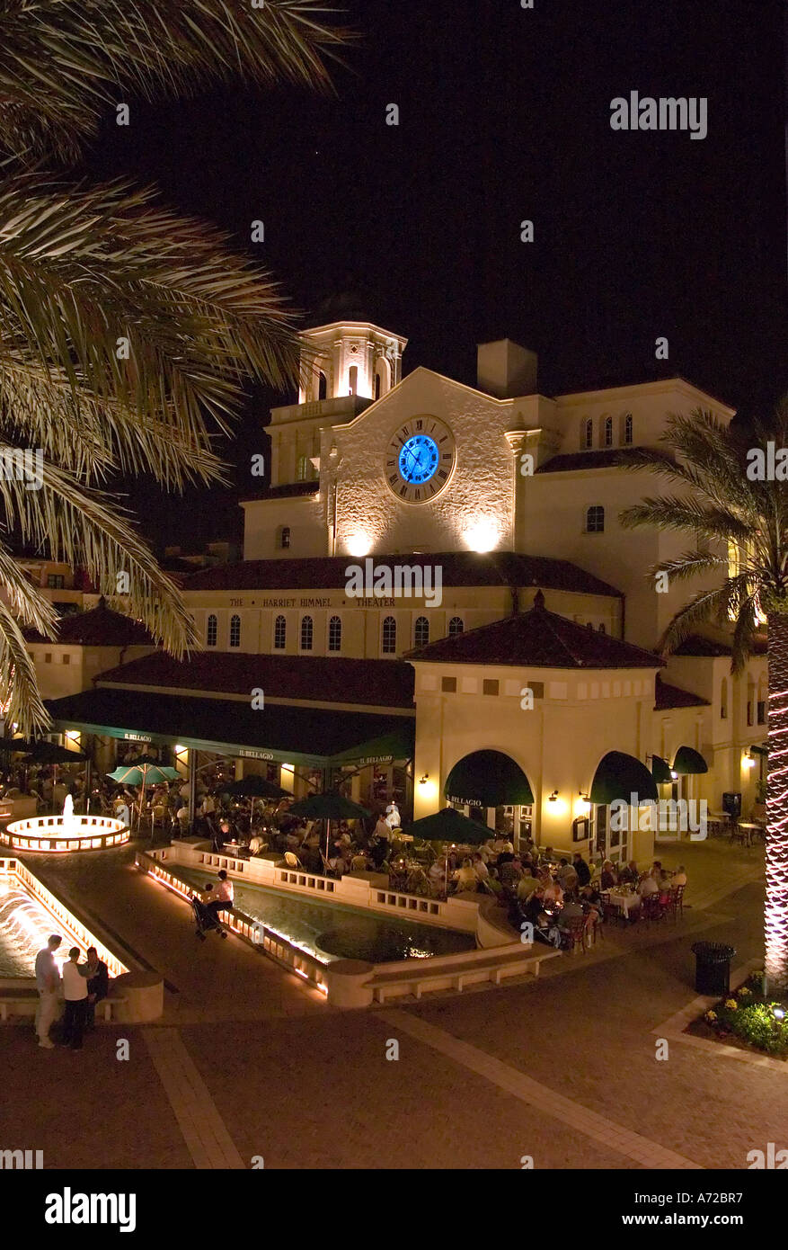 Night view of rear of Harriet Himmel Gilman Theater and Il Bellagio restaurant City Place West Palm Beach Florida Stock Photo