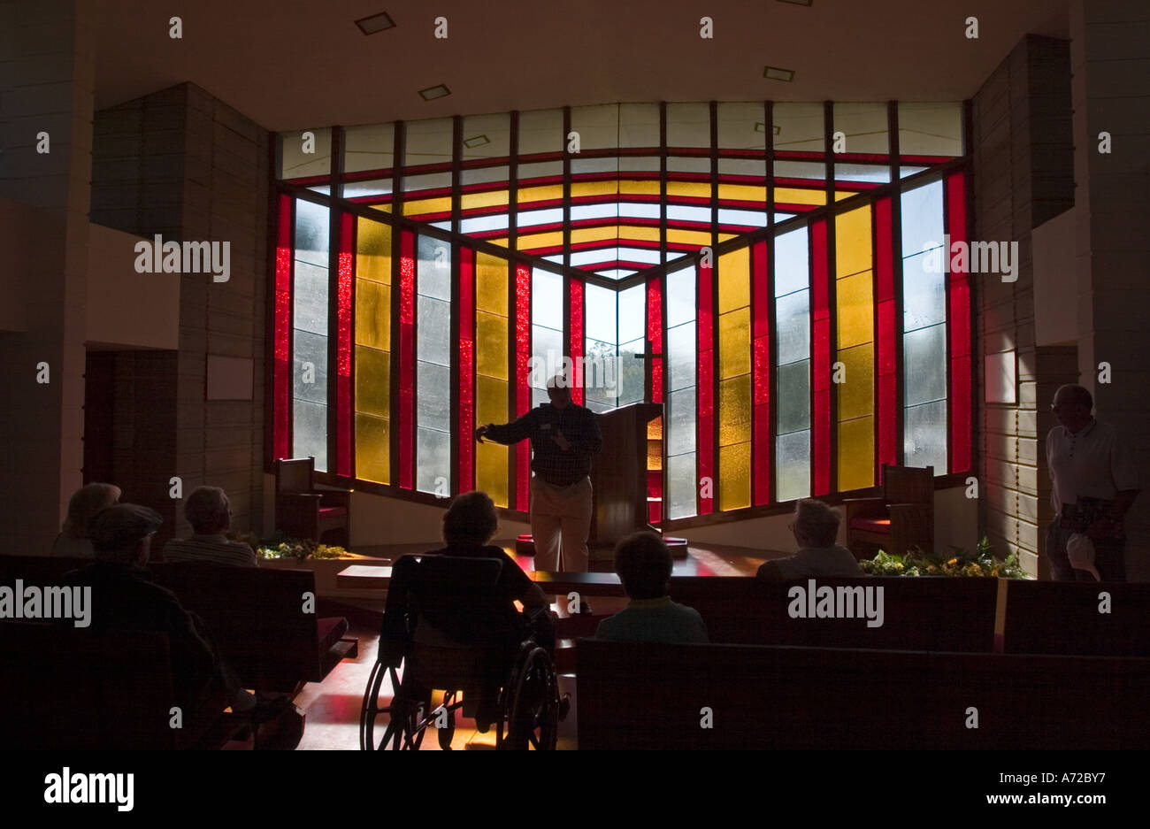Stained glass window of Danforth Chapel by Frank Lloyd Wright campus of