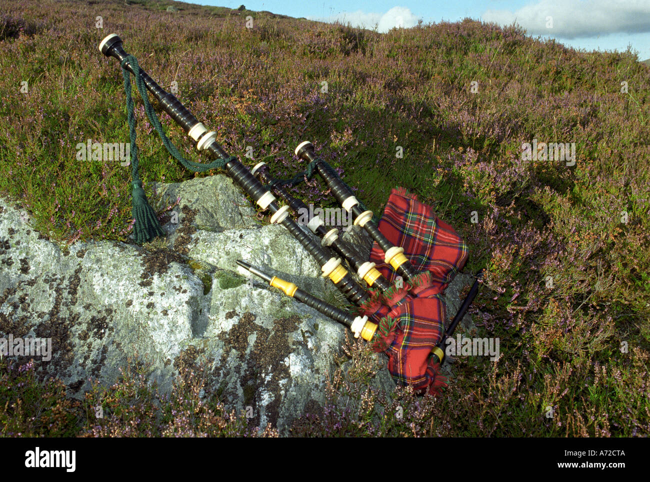Bagpipes and scottish glen Braemar Cairngorm National Park Scotland uk Stock Photo