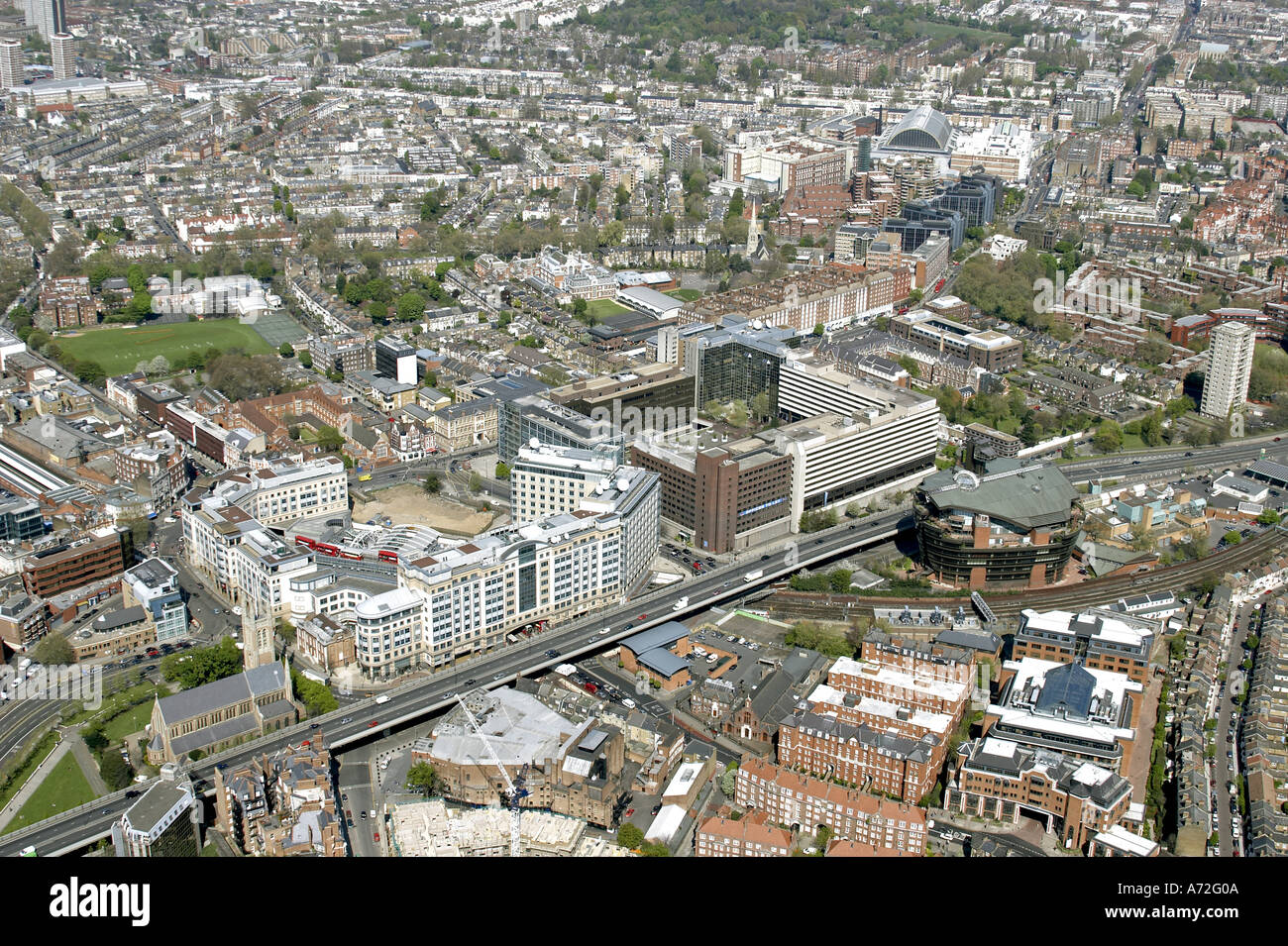 Aerial high level oblique view of Hammersmith Broadway The Ark and