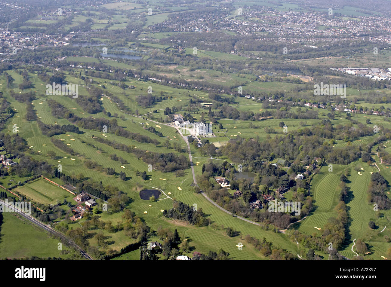 Aerial high level oblique view north west of Moor Park golf course