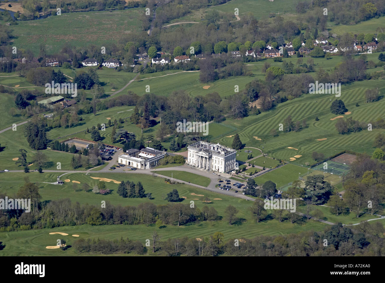Aerial high level oblique view north of Moor Park golf course and House ...