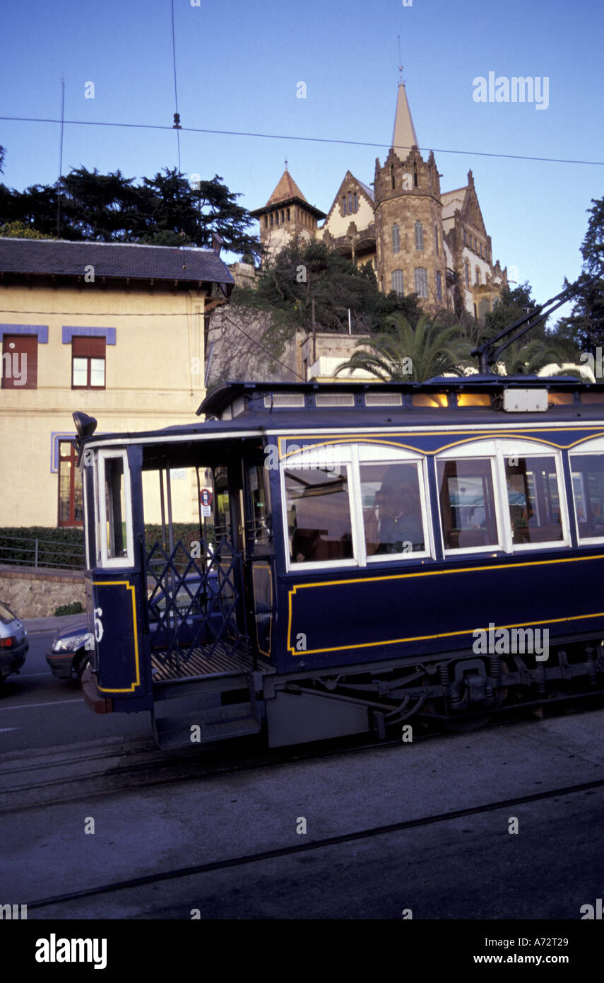 Europe, Spain, Barcelona, Tramvia Blau. The tram goes up to Tibidabo hill  where the amusement park and Holy Heart church are Stock Photo - Alamy