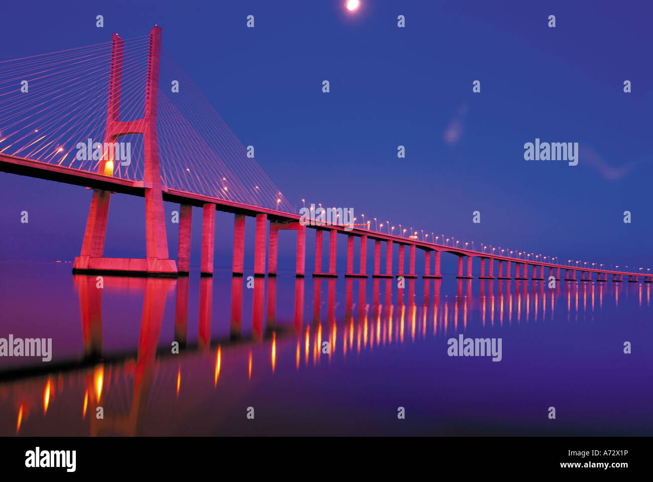 Bridge Ponte Vasco da Gama by night, Parque das Nacoes, Expo, Lisbon, Portugal Stock Photo