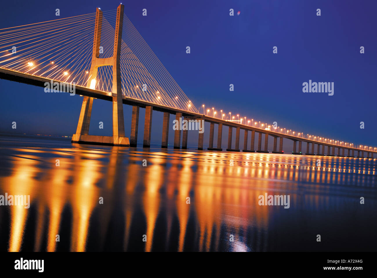 Bridge Ponte Vasco da Gama by night, Parque das Nacoes, Expo, Lisbon, Portugal Stock Photo