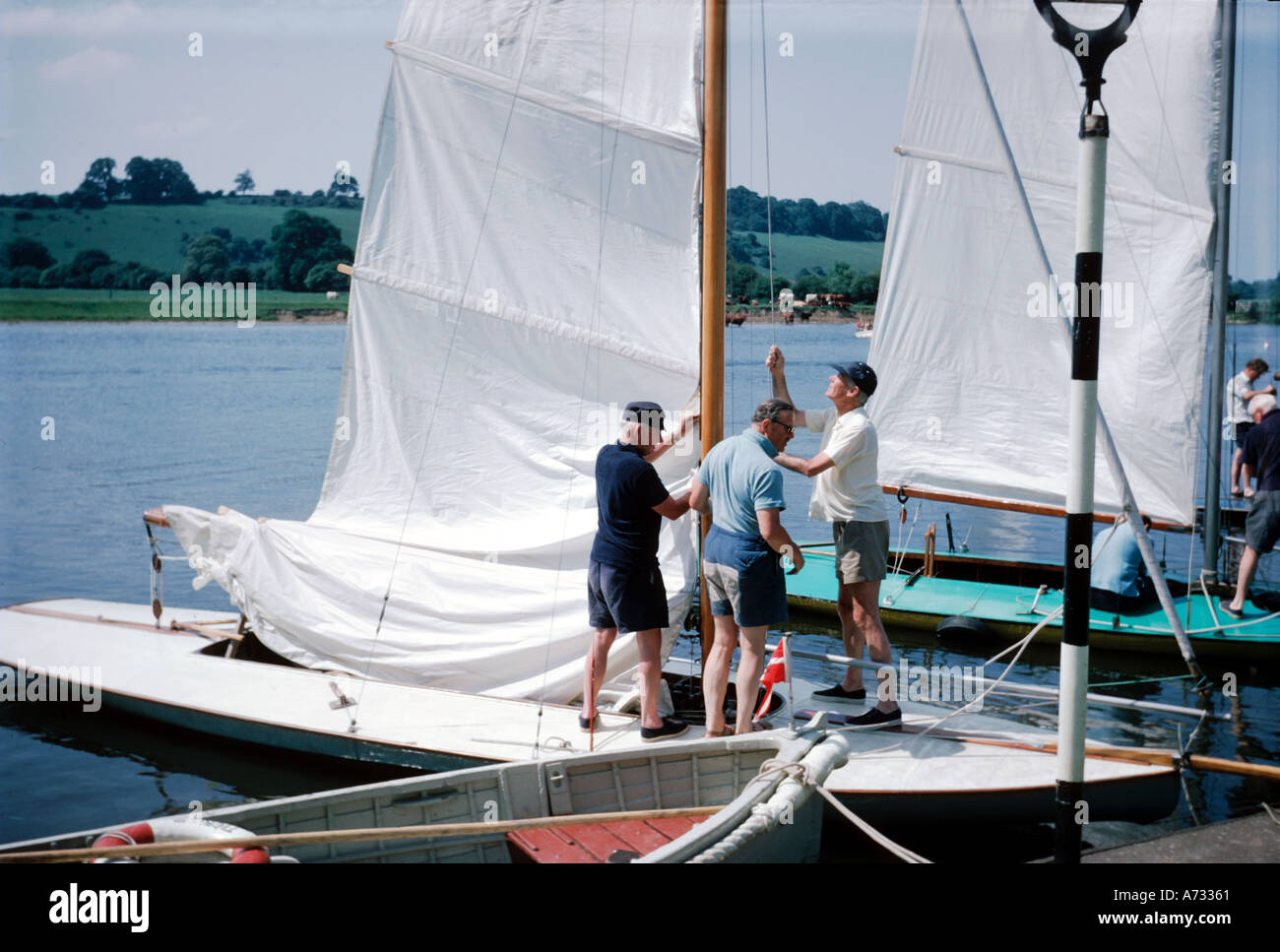 Thames Rater class racing boat being prepared for racing Upper Thames Sailing Club Summer 1968 Stock Photo