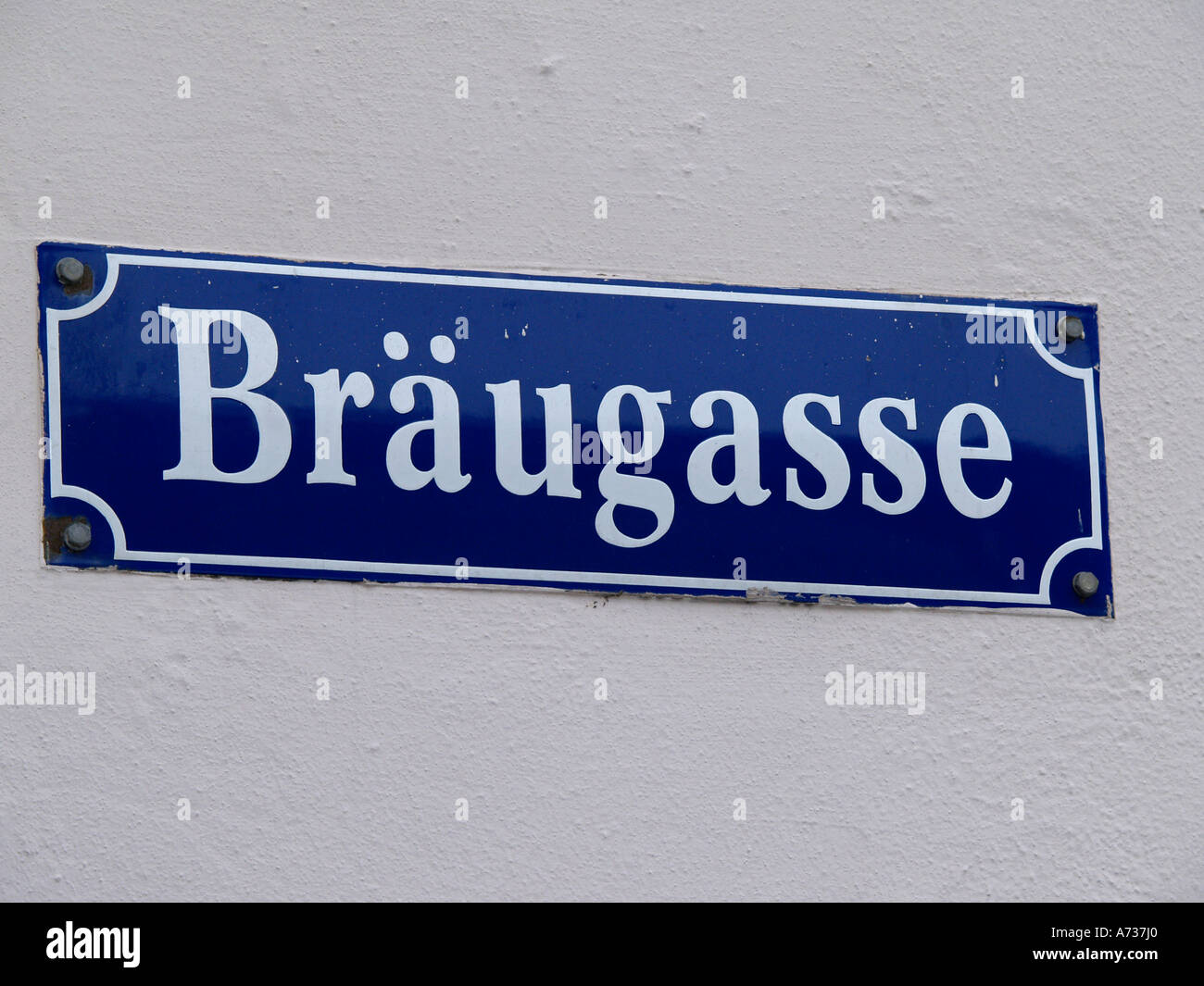 Passau, city view street sign Bräugasse Stock Photo