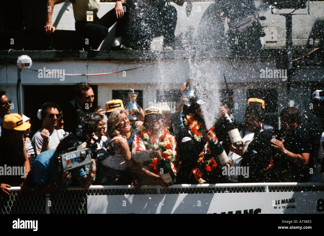 Victors of the 1989 Le Mans 24 hour race celebrate by spraying champagne Stock Photo