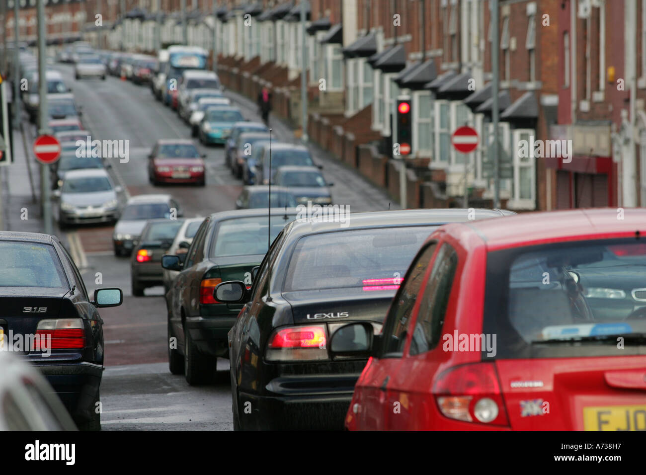 Traffic jam. Cars queuing for traffic lights in Sparkhill, Birmingham