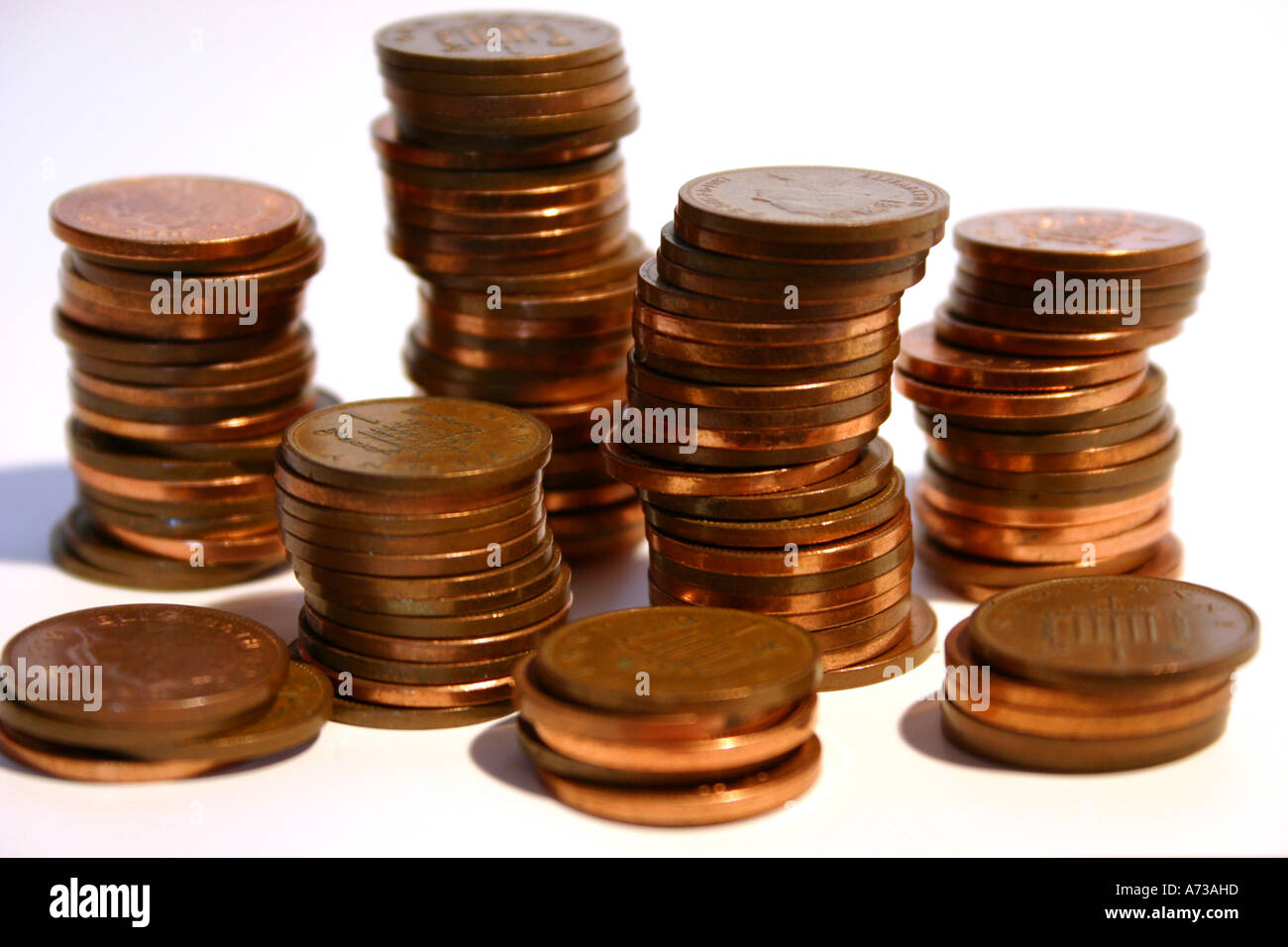 Piles of pennies Stock Photo