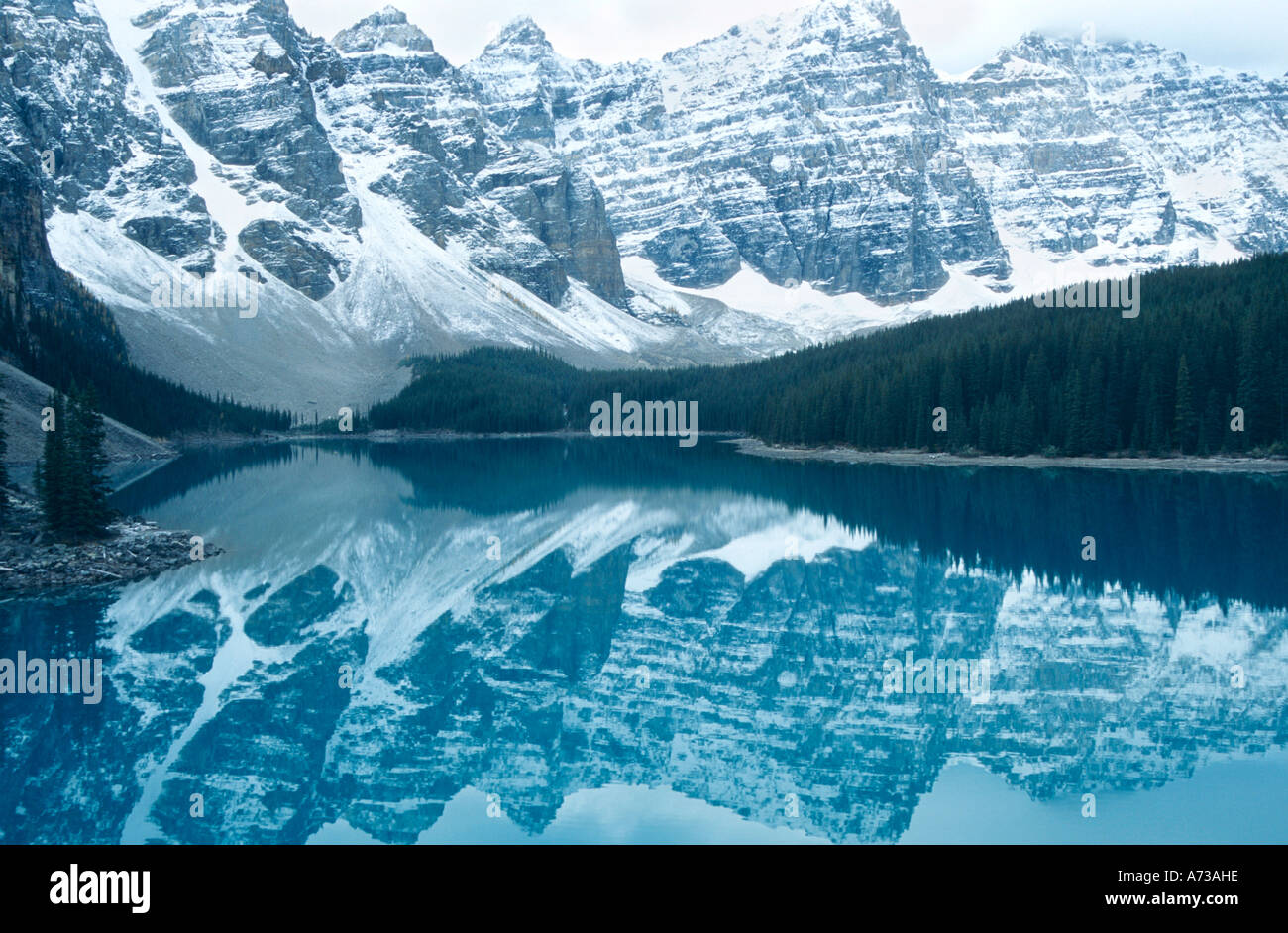 Moraine Lake with Wenkchemna Peaks, Canada, Alberta Stock Photo