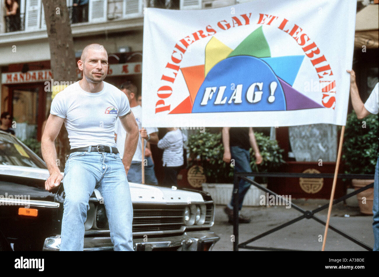 PARIS France, French Gay Policeman from 'FLAG Association' at Gay Pride March, lgbt march banner, Campaign for Homosexual Equality Stock Photo