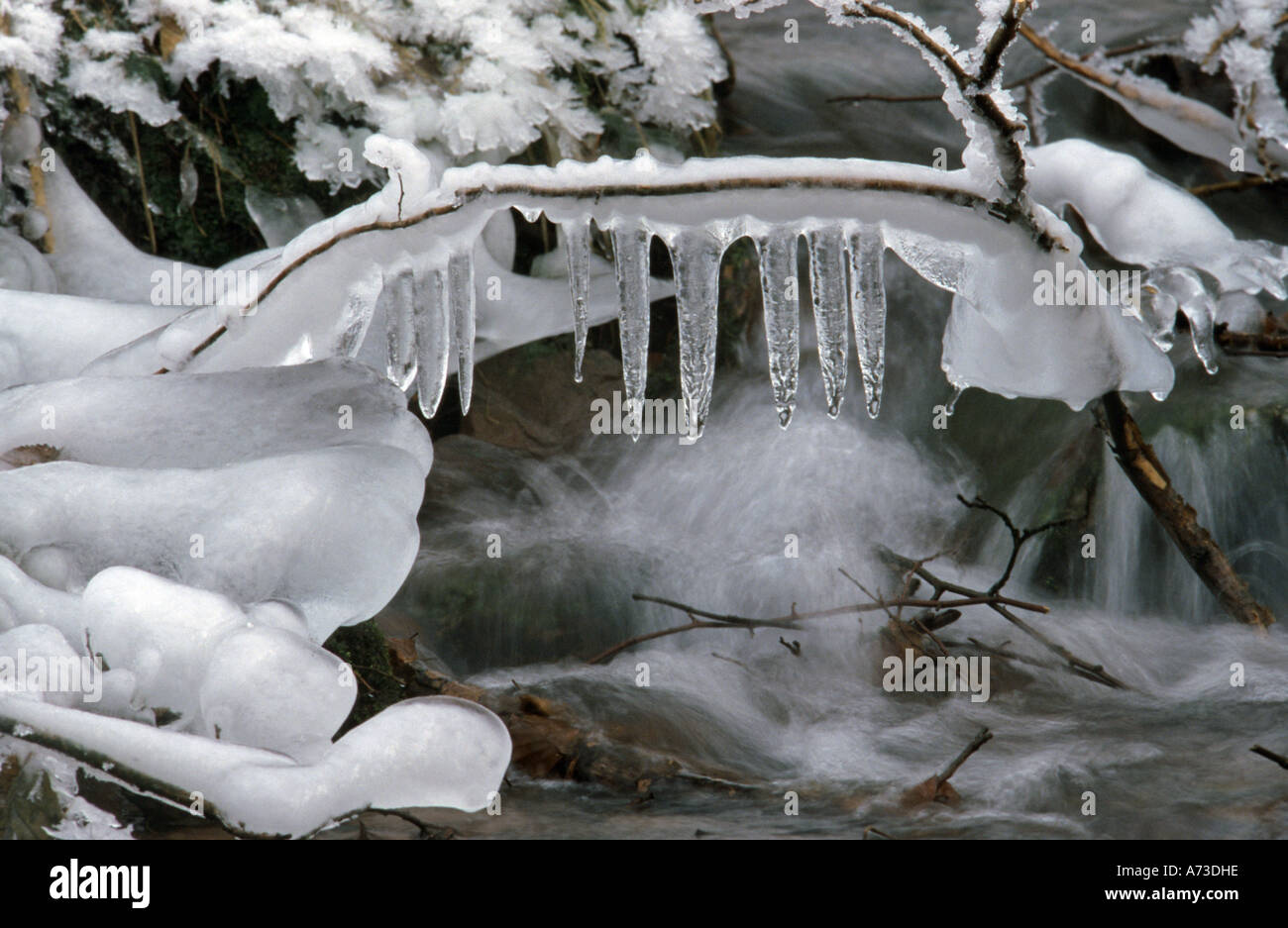 Icicles at a creek Stock Photo