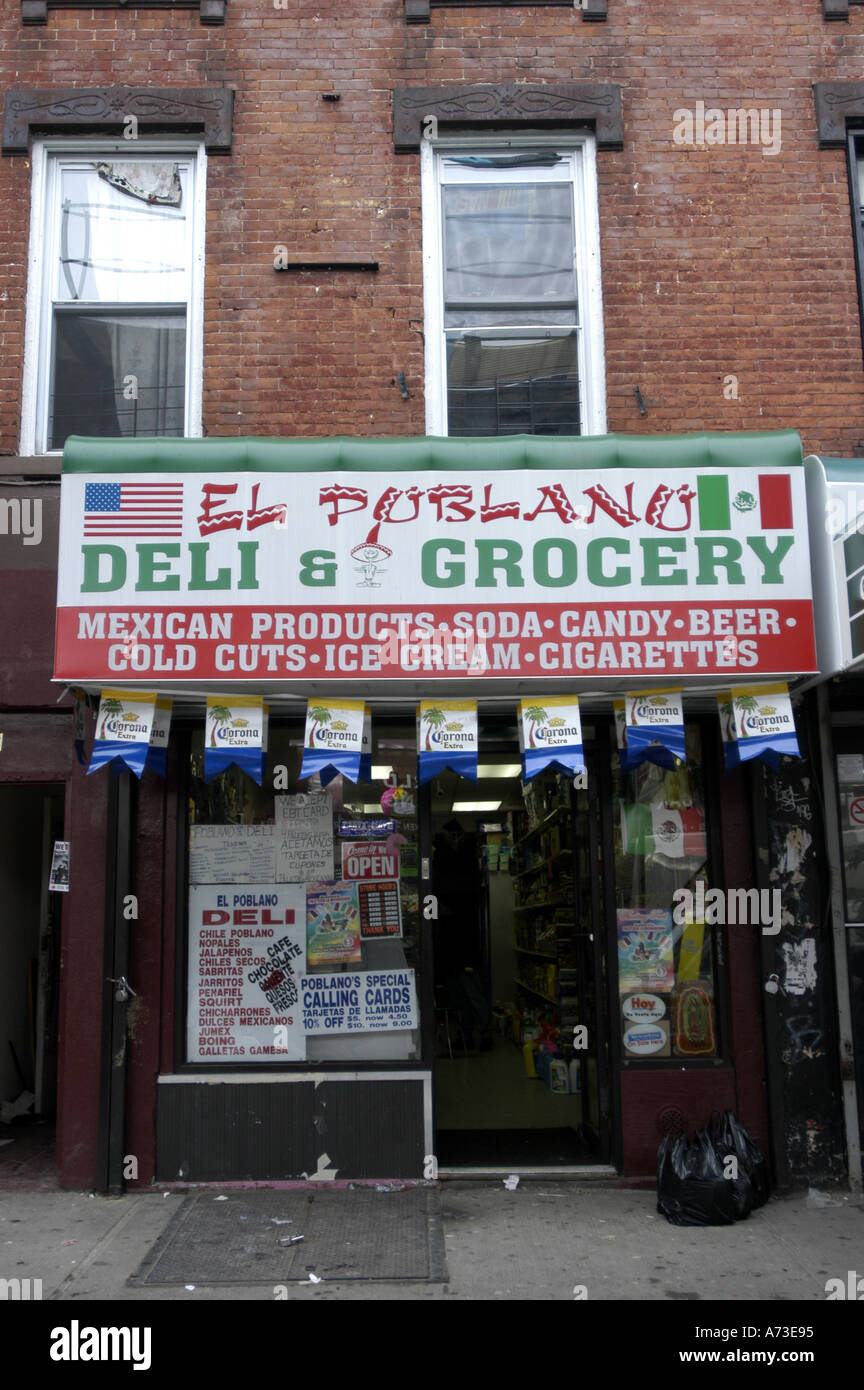 The facade of a Brooklyn Hispanic market/ corner store. Stock Photo