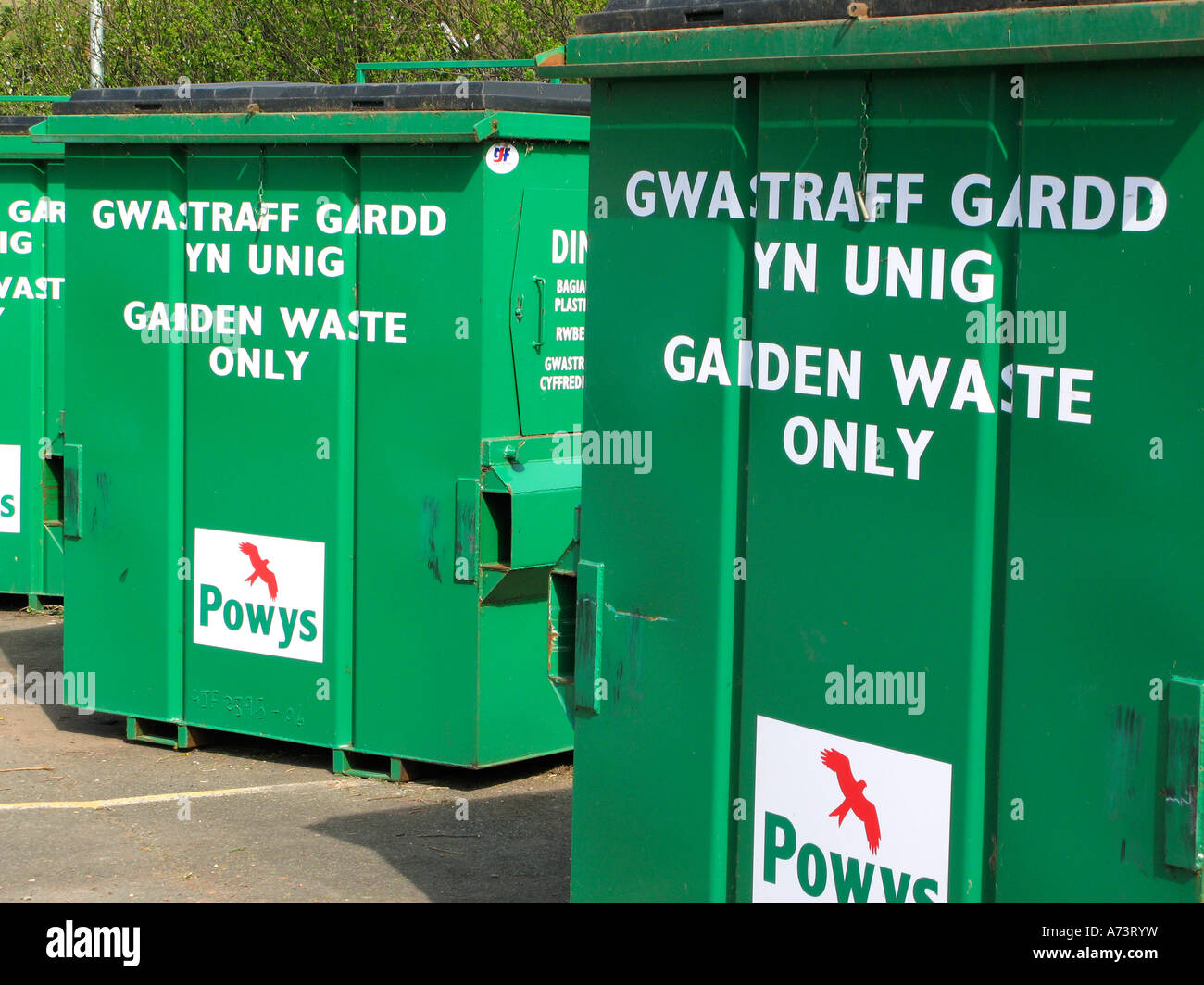 Bilingual Welsh English language signage at community GARDEN WASTE