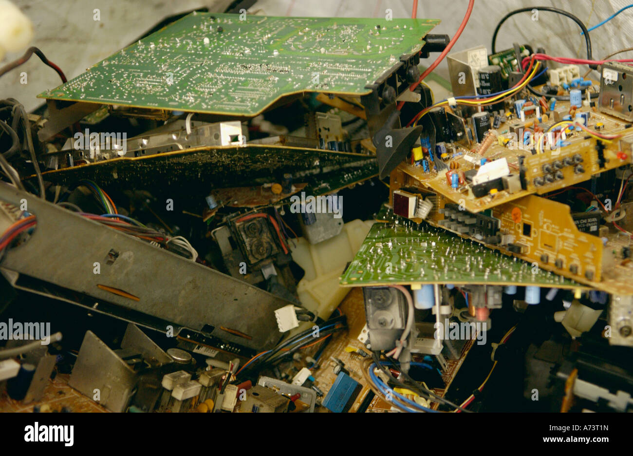 Components from cathode ray tube CRT computer monitors and domestic televisions ready for recycling at factory in South Wales UK Stock Photo