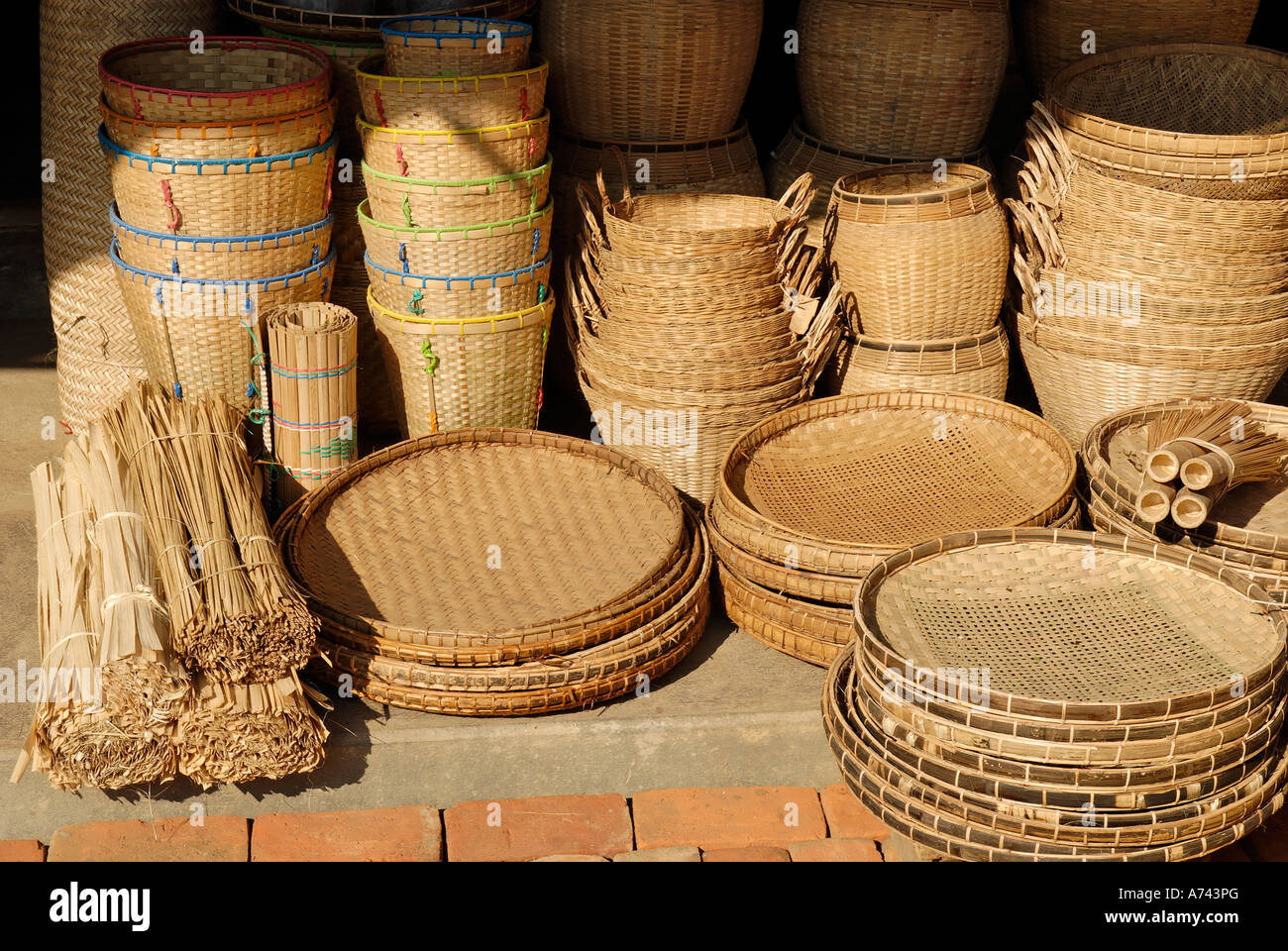 different baskets on the market of Kathar Myanmar Stock Photo Alamy