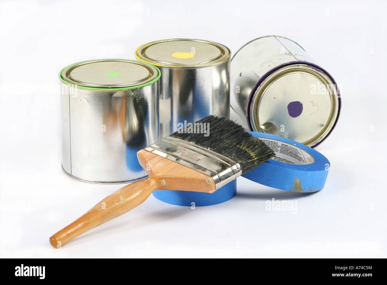 Paint tins brush and masking tape Stock Photo Alamy