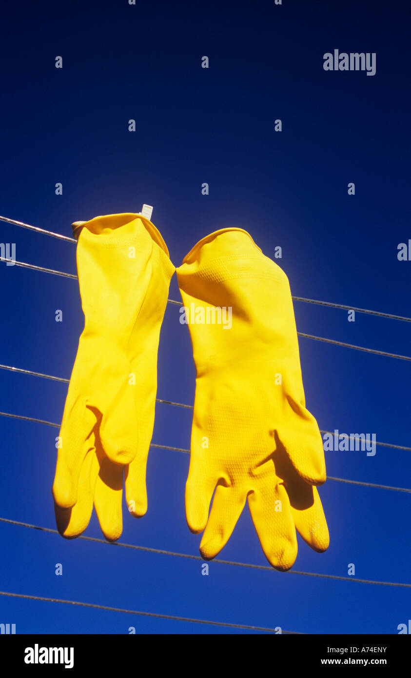 Close up of a pair of bright yellow rubber gloves pegged out to dry on