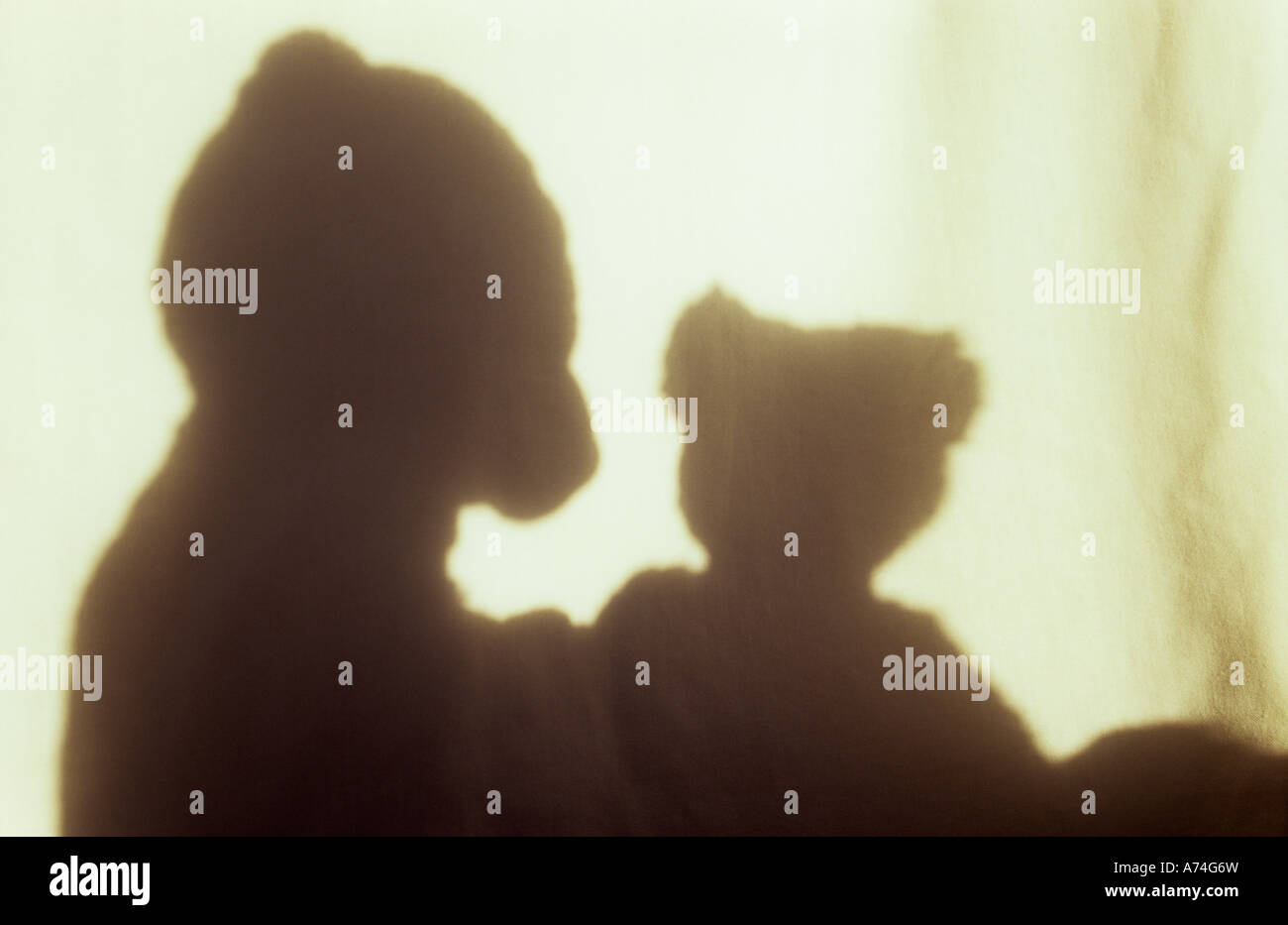 Shadow in warm light on pale cloth of two seated teddy bears possibly partners or adult and child talking and listening Stock Photo