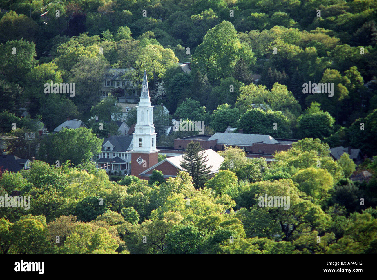 New Haven Connecticut aerial scenic with church steeple and summer