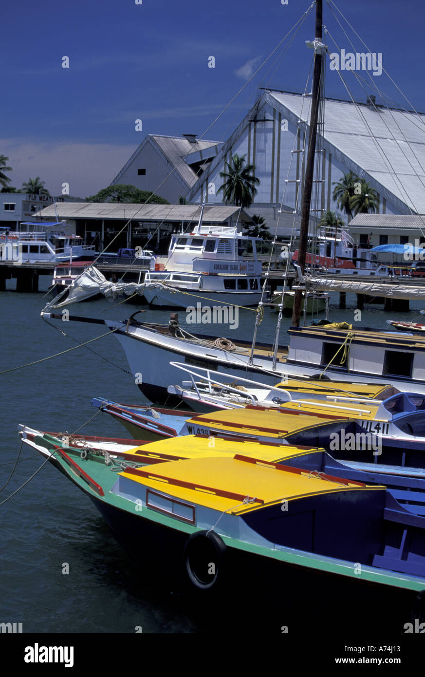Fiji, Viti Levu, Lautoka, Small boats in Port of Lautoka Stock Photo