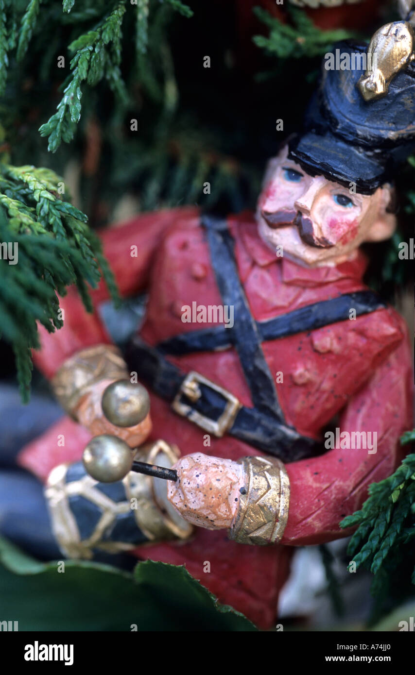 WOODEN DRUMMER BOY CHRISTMAS TREE DECORATIONS Stock Photo