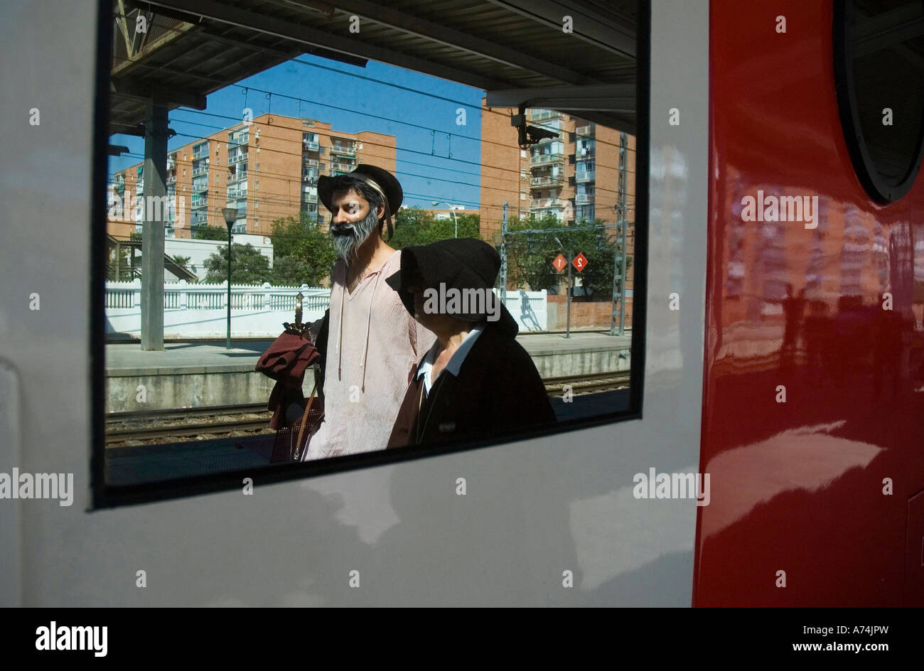 Actor performing Don Quixote / Cervantes Train between Atocha Station and ALCALA DE HENARES Madrid Spain Stock Photo