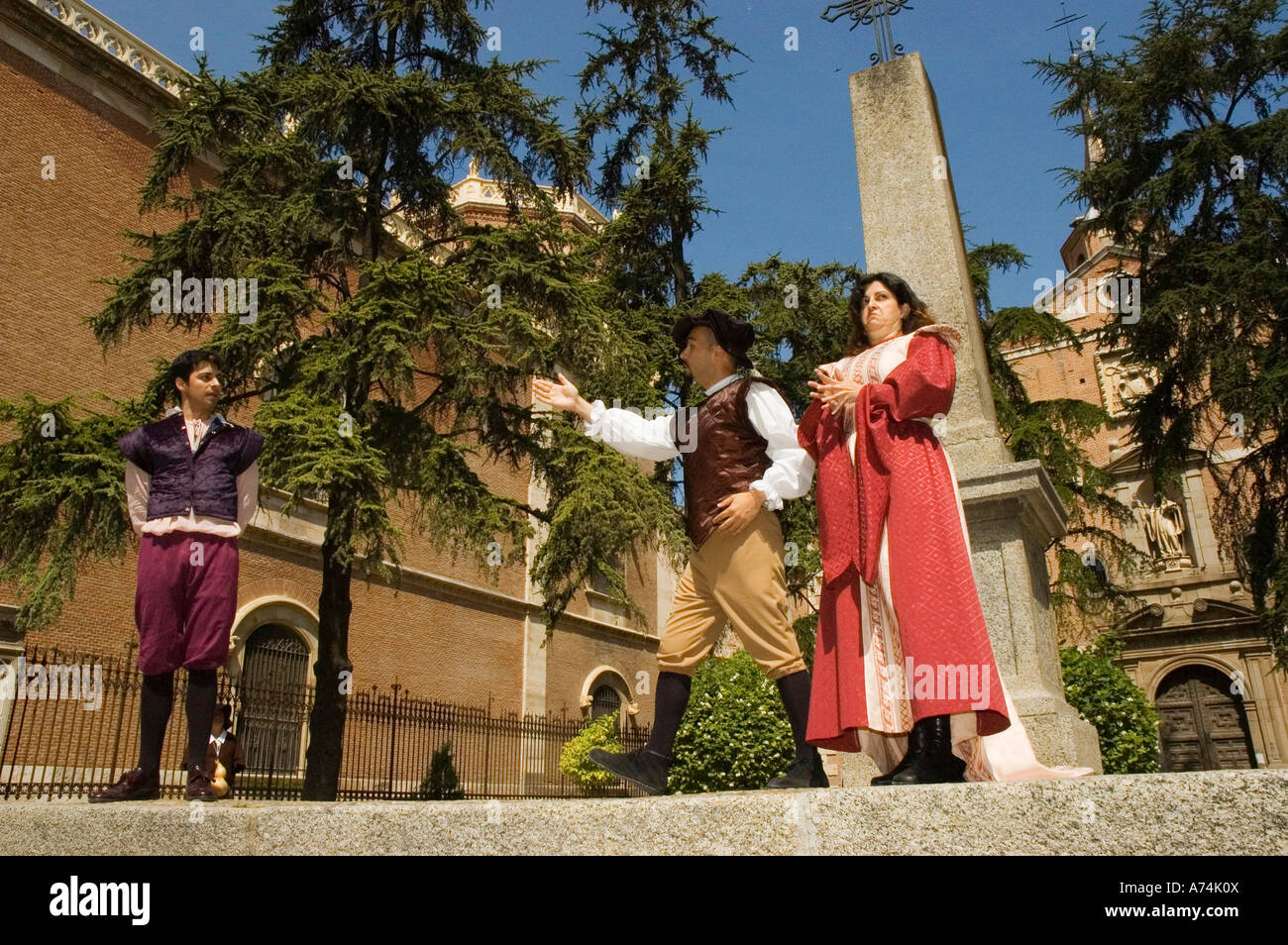 Actors of Cervantes Train performance in Bernardas Square ALCALA DE HENARES Autonomous Community of Madrid Spain Stock Photo
