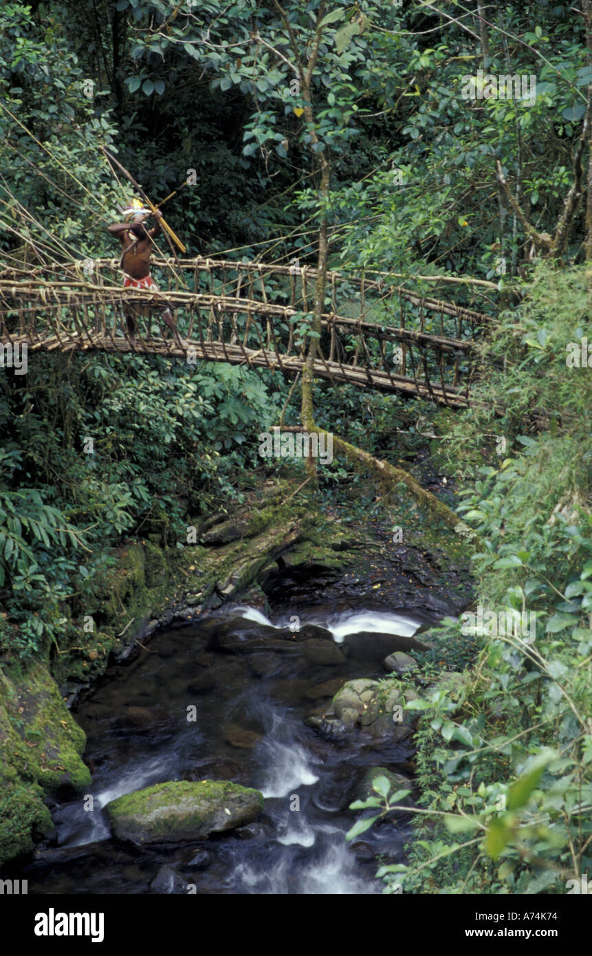 Asia, Papua New Guinea, Highland territory. Huli Wigman on vine bridge Stock Photo