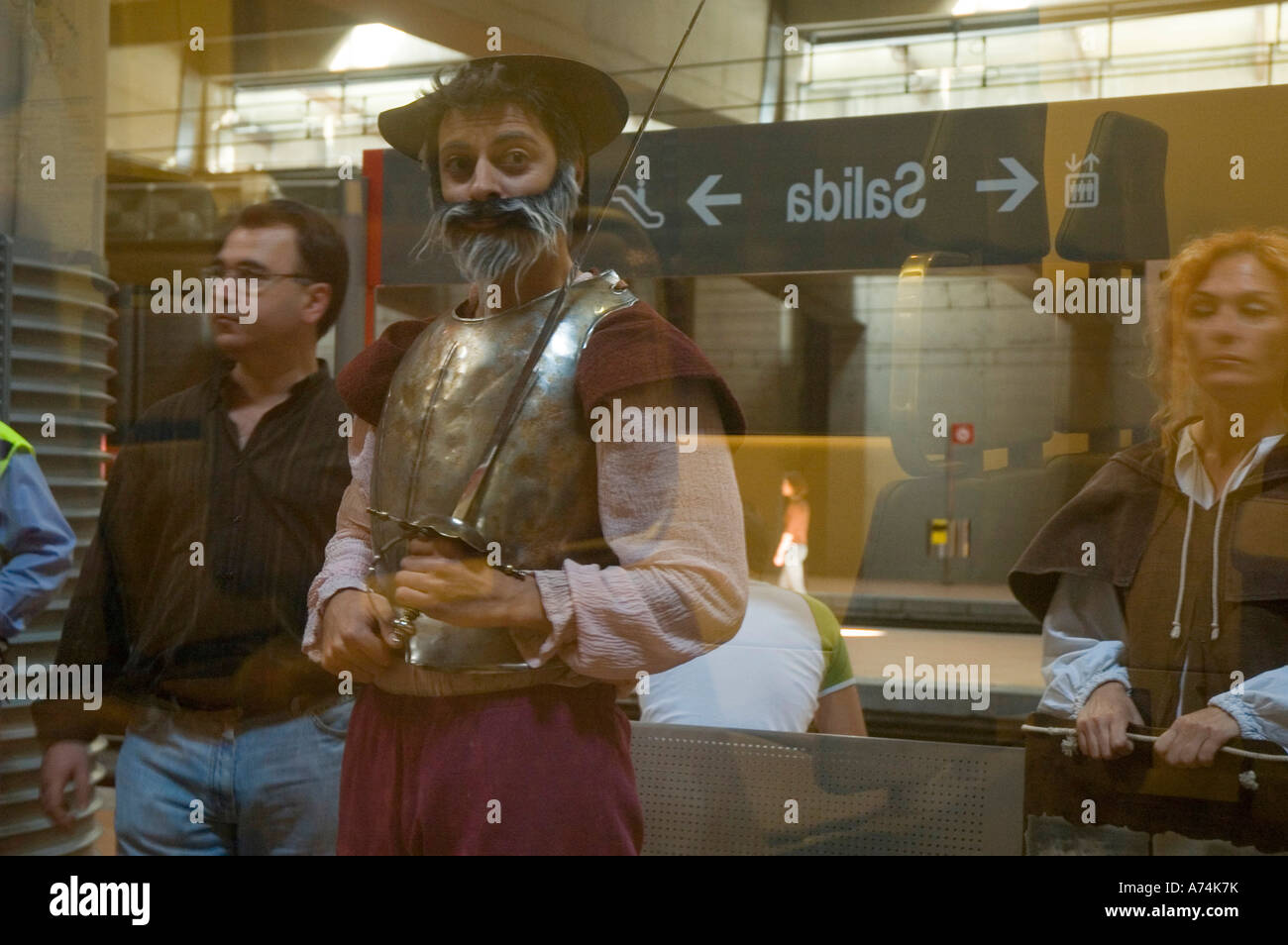 Actor performing Don Quixote /  Cervantes Train between Atocha Station and ALCALA DE HENARES Stock Photo