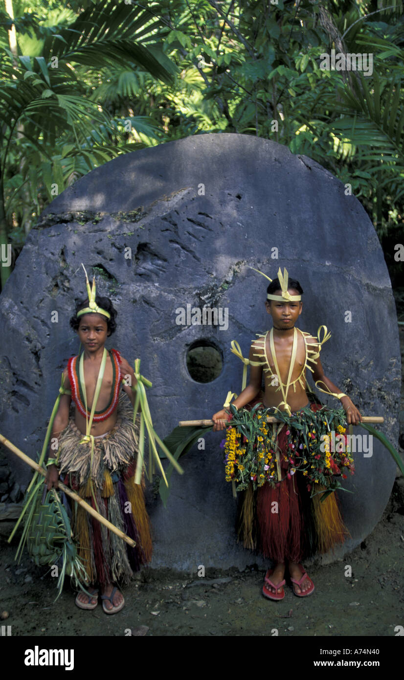 Asia, Micronesia, Yap. Keday Village. Young girls in dance costume Stock Photo