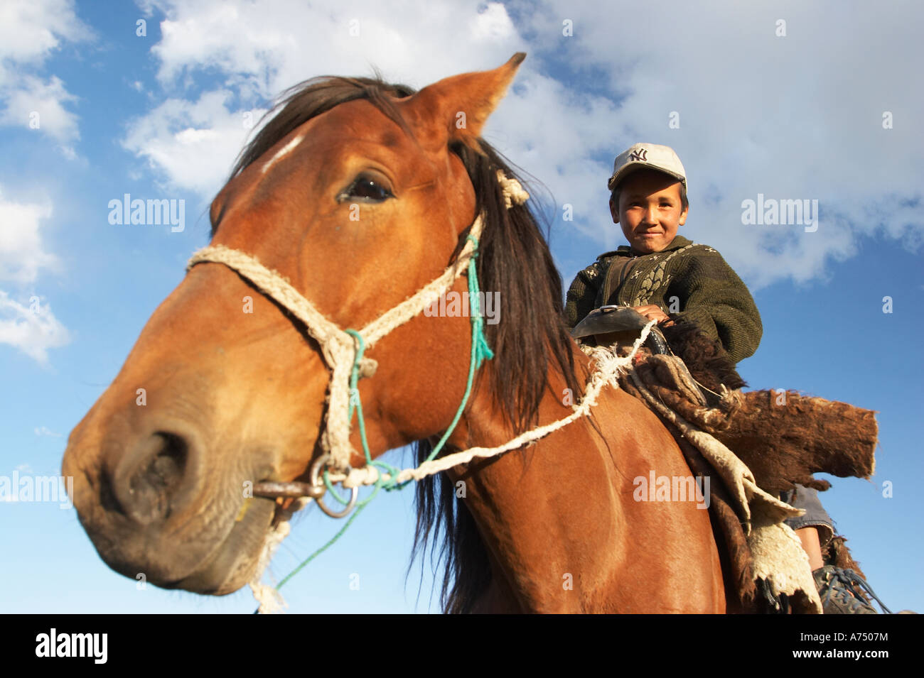 Kyrgyz Boy Sitting On Horse Stock Photo