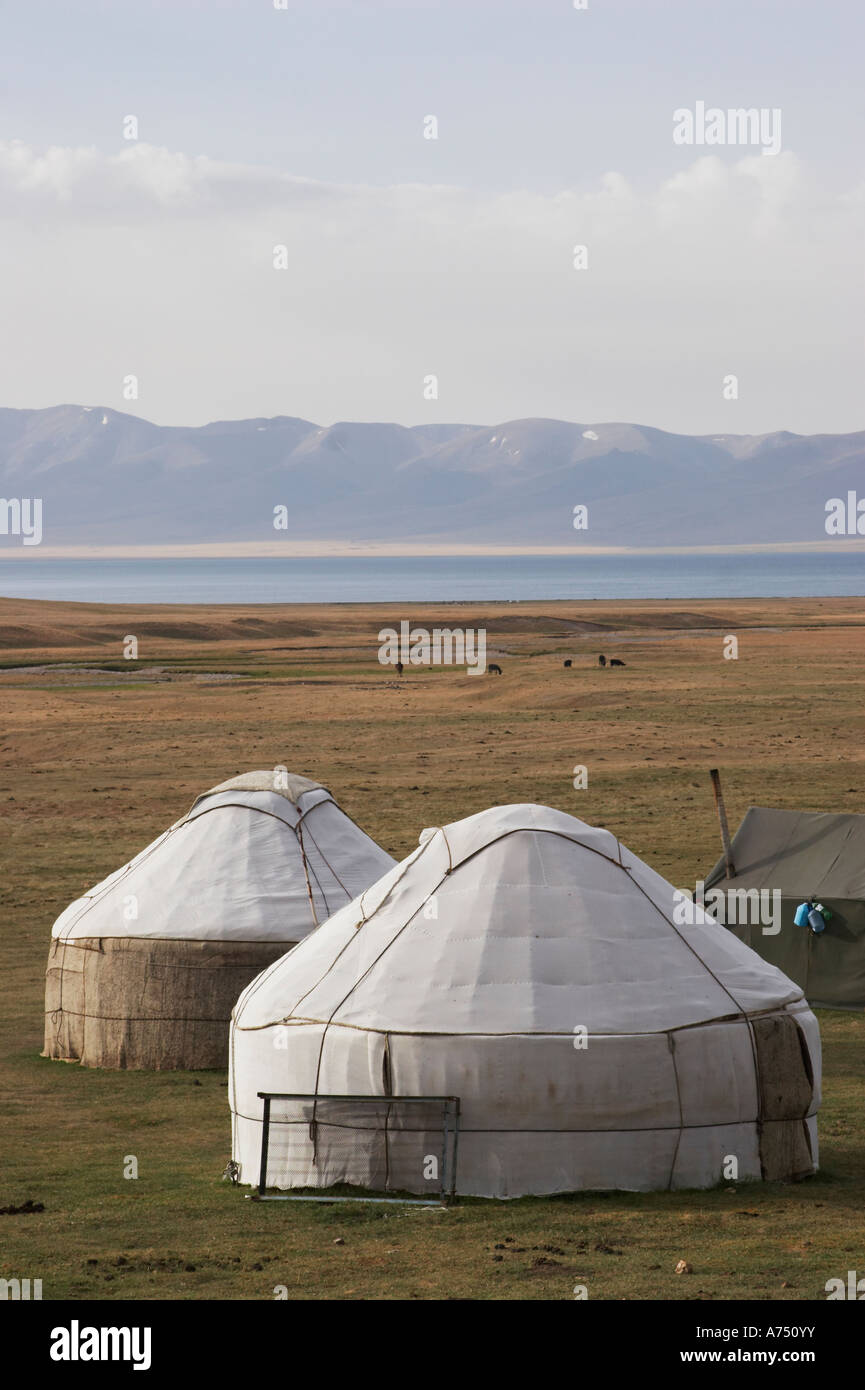 Yurts At Lake Song Kul Stock Photo