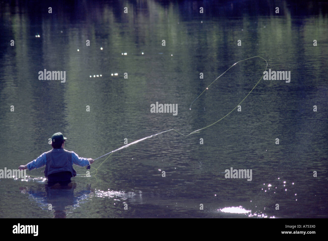 stock photo man fly fishing casting wading Holy Water Section of Rogue