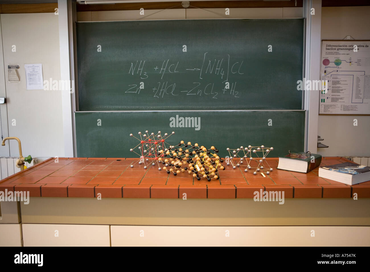 Molecular diagrams on desk in science class Stock Photo