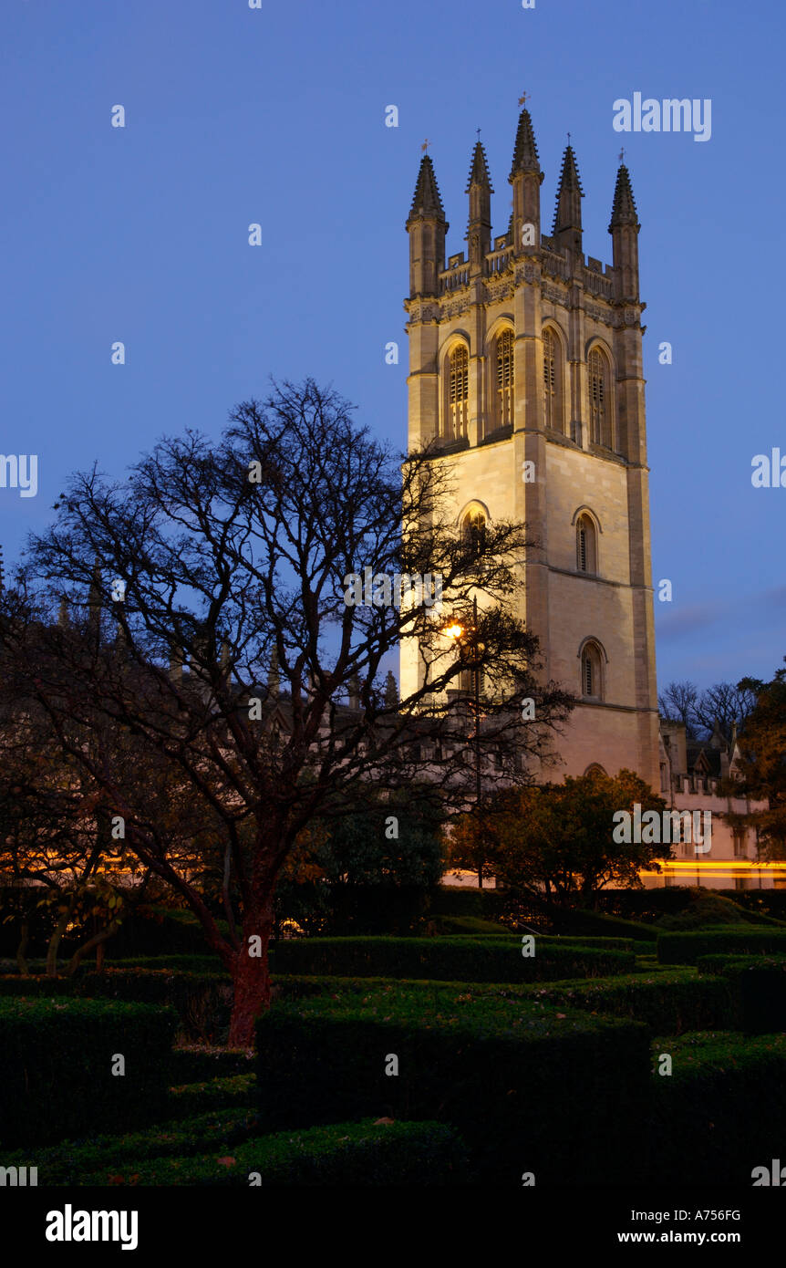 Magdalen Tower at Dusk from Botanic gardens Oxford England UK Stock Photo